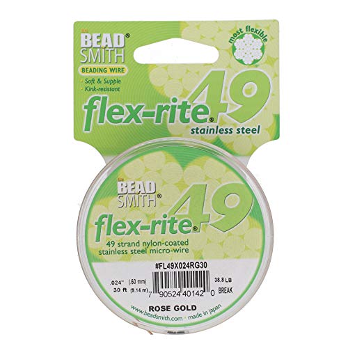 The Beadsmith Flex-Rite Wire – 49 Strand, Nylon Coated, Stainless Steel Beading Wire – Rose Gold Color, 024” Diameter, 30-Foot Spool – Flexible Wire for Necklace, Bracelet and Jewelry Making