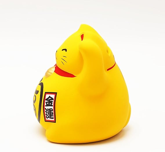 Banko Ware Maneki-Neko Ceramic Piggy Bank - Lucky Cat, Cute and Chubby Traditional Japanese Money Box (Yellow)