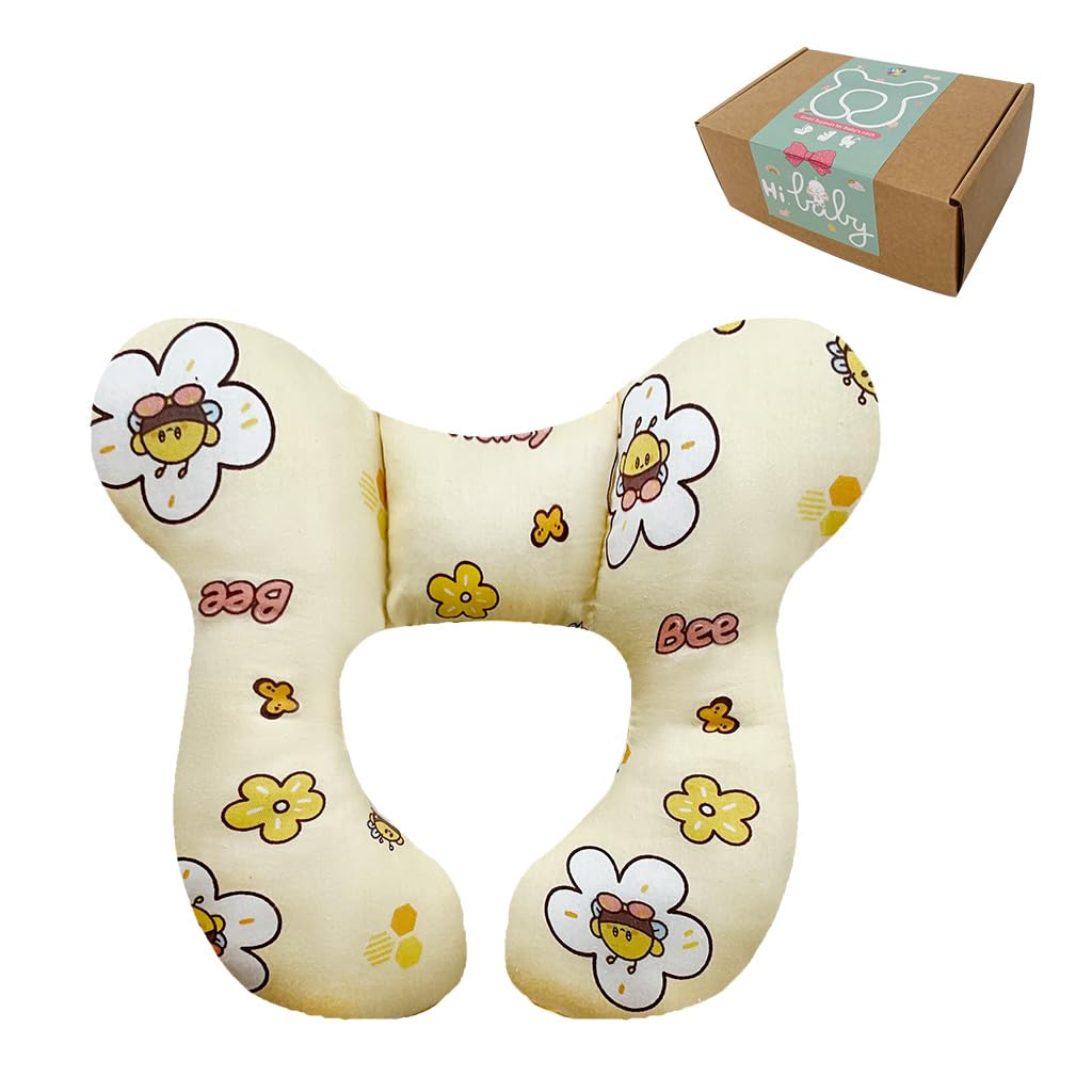 Wedfull Baby Neck Pillows, Comfortable Baby Travel Head Neck Support Pillow for Car Seat Stroller Pushchair, Soft PP Cotton Travel Pillow for 0-1 Year Old Toddler Infant Newborn, Bee