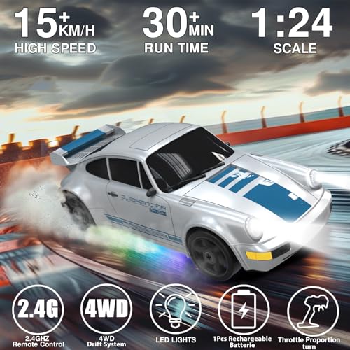 Image of RC Drift Car 1:24 Remote Control Car 4WD 15KM /H High Speed Racing Sport Car with LED Lights RC Cars Toy for Kids Boys Girls Adults Gifts Birthday Christmas