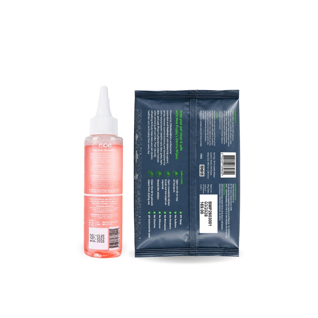 Moe Puppy Ear & Skin Hygiene Essentials Combo for Dogs & Cats | Ear Cleaning Solution + Derma Wipes | Helps Remove Dirt, Wax & Odour | Daily Pet Hygiene Care — Amazon image 4