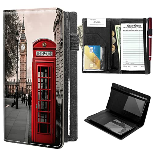 High Volume Server Books, Red Telephone Box in London Server Book w/ 2 Expandable Pockets 9 x 5 Cute Waitress Book Zipper Pocket & Strap Closure Waitstaff Organizer Server Booklet Waiter Money Wallet
