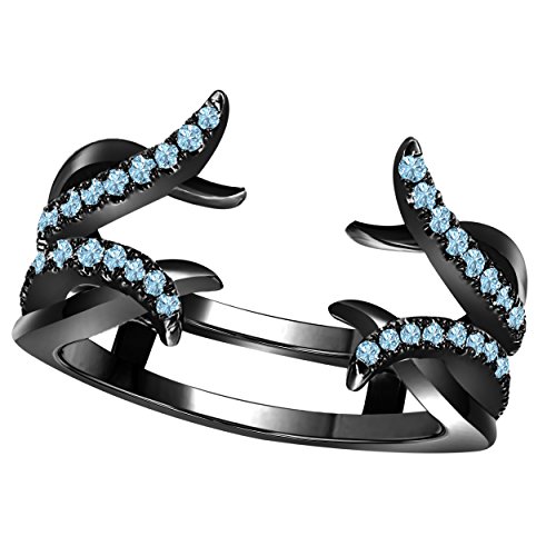 DS Jewels Women 14K Black Rhodium Plated Alloy CZ Aquamarine Round Solitaire Ring Guard Wrap Enhancer Jacket Wedding Engagement Ring Size 4 to 11