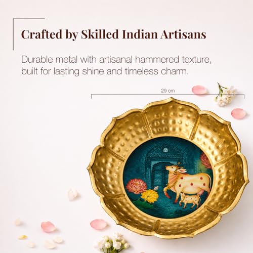 Image of Hammered Golden Lotus Urli Bowl with Sacred Cow Art | Decorative Metal Pooja Urli for Floating Flowers, Tealights & Festive Home Decor | Lotus Petal Design Centerpiece
