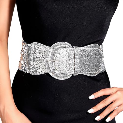 VASTLUCKY Elastischer breiter Taillengürtel für Kleider, Pailletten, Glitzer, Cinch-Korsett-Gürtel, dehnbarer Bund, klobige Schnalle, silber, M