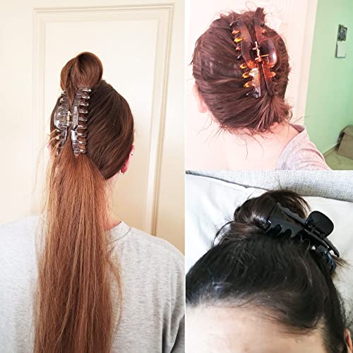 Kitiin Polycarbonate Strong Hold Large Hair Claw Clips For Women Thick Hair, 3 Counts In Set Of Black/Tortoise Shell Brown/Clear Resin Big Hair Clips 4.3 Inch In Velvet Gift Bag (Plain) #TOP4