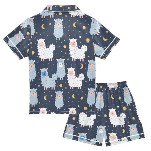 ALAZA Cute Alpaca Moon Star Satin Pajamas Set Short Sleeve Button Down Sleepwear Summer Pjs 2 Piece2