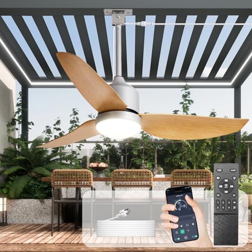 Image of Depuley 42-Inch Ceiling Fans with Lights: Outdoor Waterproof Ceiling Fan for Patios - Plug in Gazebo Fans with Remote Control - Low Profile Outdoor Fan 3 CCT DC Motor for Pergola Porch - Wood Color