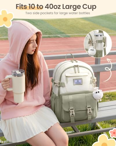 LOVEVOOK School Backpack for Teen Girls, Bookbag for 8-16 Student, Middle High College Back to School Cute Kids Backpack, 15.6 Inch, Green-beige — view 2