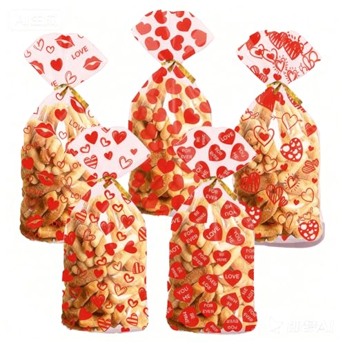 Colodeol 100Pcs Valentines Cellophane Treat Bags Red Goodie Bags with Twist Ties Heart Print Gift Bags Plastic Candy Bags Party Favors Bags for Valentine's Day Party Supplies