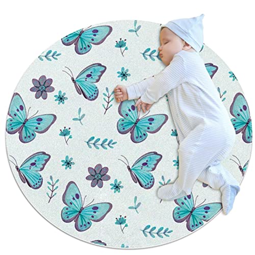 Tappeto da bagno con motivo di farfalle blu e fiori di salice, antiscivolo, per divano, camera da letto, cameretta dei bambini, diametro 0,7 m