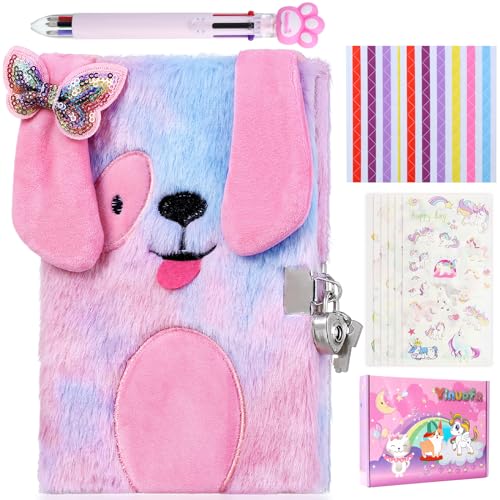Yinuofa Diario para niñas con cerradura y llaves, juego de regalo de diario secreto de cachorro, diario infantil con calcomanías multicolor para niñas de 5, 6, 7, 8, 9, 10, 11 años