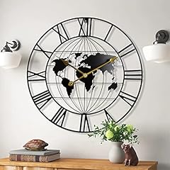 Large World Map Wall Clock,Metal Minimalist Modern Clock,Round Decorative Silent Non Ticking review
