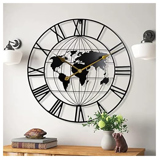 Large World Map Wall Clock,Metal Minimalist Modern Clock,Round Decorative Silent Non-Ticking Battery Operated Wall Clocks for Living Room/Entryway/Kitchen/Bedroom/Office/School Decor (24 Inch)
