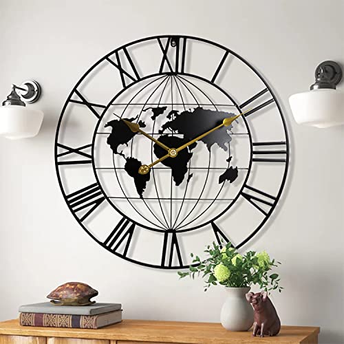 Image of Large World Map Wall Clock, Metal Minimalist Analog Modern Clock, Round Silent Non-Ticking Battery Operated Wall Clocks for Living Room / Home /Kitchen /Bedroom (24 Inch), Black