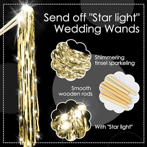 Image of Simgoing 100 Pcs Lighted Wedding Wands LED Tinsel Wands Light up Streamers Sparklers for Wedding Send Off and Exits Birthday Party Props Favors(Gold)