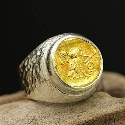 Caprixus Mens Signet Ring 925 Sterling Athens Owl Coin Ring Heavy Weight 24K Gold Vermeil Two Tone Hand Forged Hammered Handmade Ring For Men And Women #TOP5