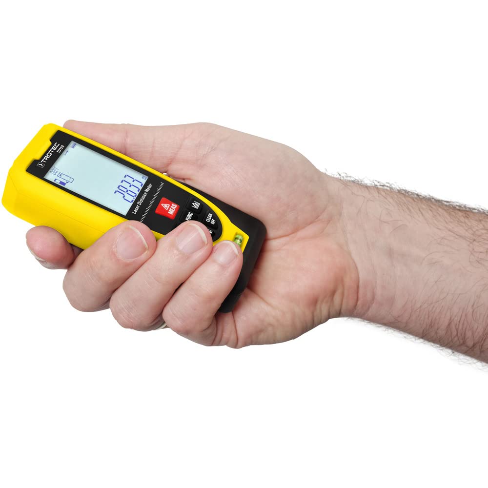 TROTEC Telémetro láser TD120 Rango de medición de distancias 120 m, Funciones Pitágoras, 99 Conjuntos de Datos (áreas rectangulares/cálculo de Volumen, IP54)