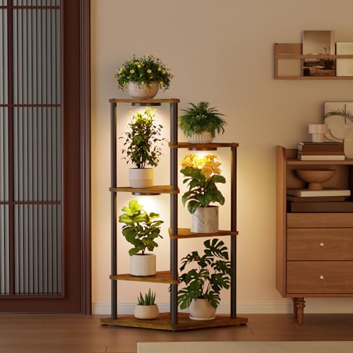 iDavosic.ly 6 Tier Plant Stand Indoor with Grow Lights, Black & Brown 41 In