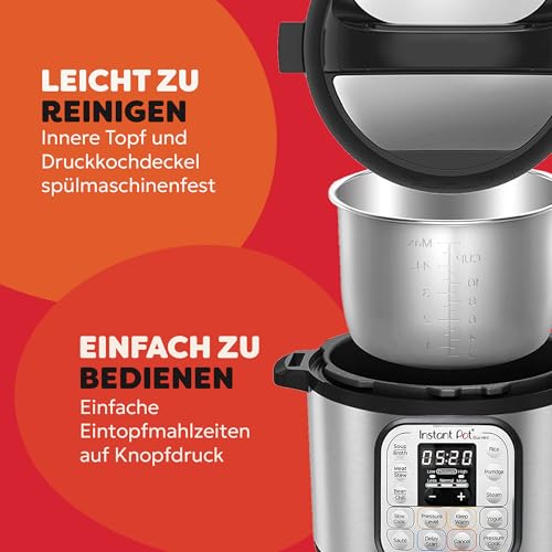 Instant Pot Duo 30 Elektro-Multikocher 3L - Schnellkochtopf, Schongarer, Reiskocher, Sautierpfanne, Joghurtbereiter, Dampfgarer und Speisewärmer, aus Edelstahl, Silver