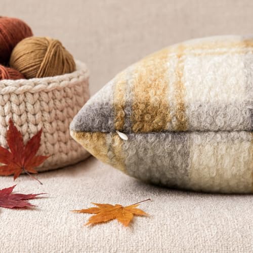Image of Foindtower Pack of 2 Soft Faux Fur Boucle Throw Decorative Pillow Covers Fuzzy Accent Check Cushion Sherpa Boho Farmhouse Pillowcase for Couch Sofa Bed Living Room Home Decor 20x20 Inch,Amber and Blue