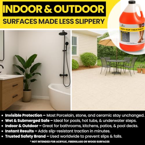 Image of Anti Slip Tile Treatment (Gal) Non-Slip Floor Treatment for Grip on Stone, Porcelain & Ceramic. Indoor & Outdoor, Residential & Commercial Slip Prevention, Works Fast for Lasting Traction