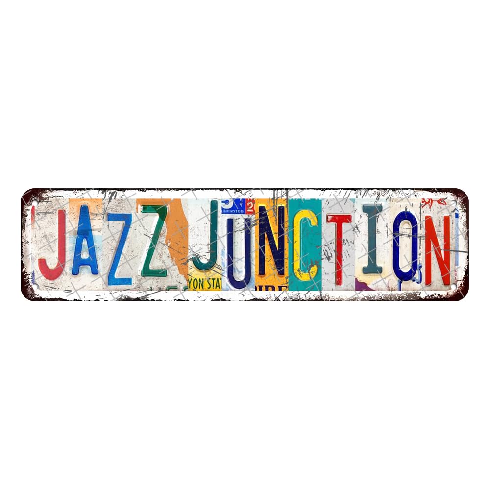 peiyeety Vintage Metal Tin Sign Jazz Junction Retro Street Sign, Rustic Wall Decor for Home, Music, Man Cave, Garage, Kitchen, Office, Farmhouse, Patio, Garden, Porch, 4 * 16 inch