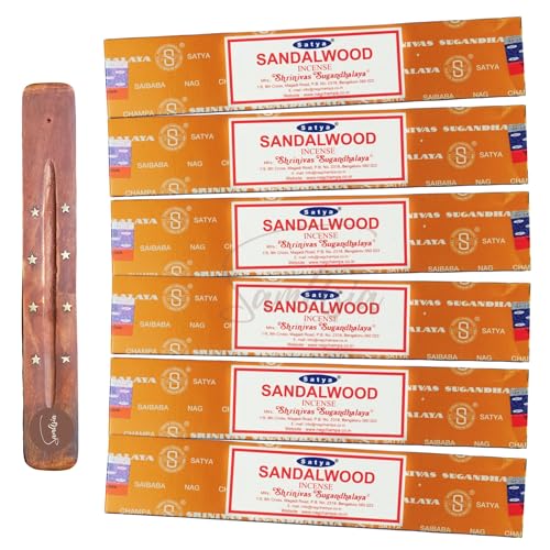 Satya Nag Champa Sandalwood Incense Sticks | x6 pack | with SAMASIA incense sticks holder | Used for Aromatherapy Spa Yoga Weddings Meditation Healing Positivity and Relaxation