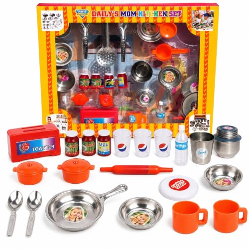 Image of DZLING Kids Steel Kitchen Set Toys, Traditional Indian Cooking Playset with Utensils, Gas Stove, Blender, Chakla Belan Accessories, Role Play Pretend Cooking Toy for Boys & Girls (Mom Kitchen)
