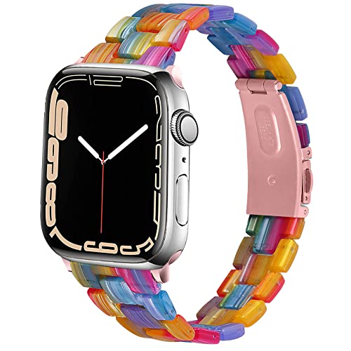 Miimall Compatible with Apple Watch 7 41mm 38mm 40mm Resin Band Slim Lightweight Stainless Steel Clasp Replacement Bands Straps for Apple Watch 41mm 38mm 40mm Series 7/SE/6/5/5/3/2/1(Rainbow)