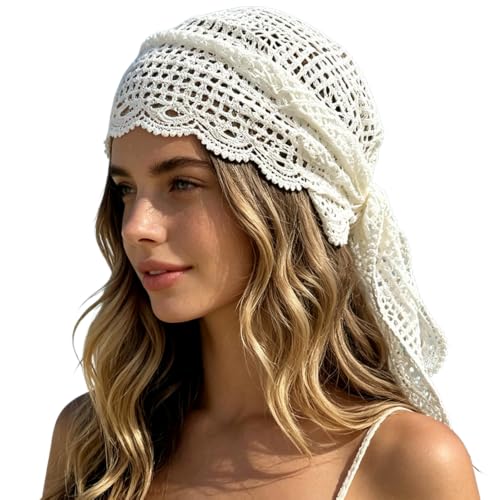 Boho Crochet Bandana White Triangle Head Scarf for Women Waist Sc...