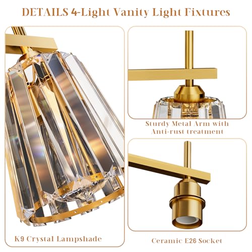 Image of Crystal Bathroom Light Fixtures Over Mirror, Gold 4-Light Bathroom Vanity Lights Over Mirror Modern Wall Lighting Sconces with Ceramic E26 Base (Bulbs Not Include)