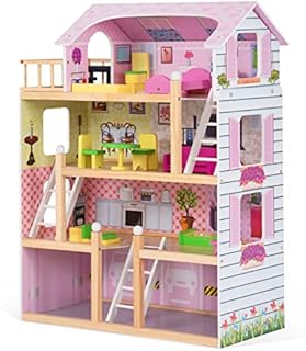 COSTWAY Wooden Dolls House, 4-Storey Kids Dollhouse with Furniture Accessories, Ladder & Window, Role Play Game for Children Gift
