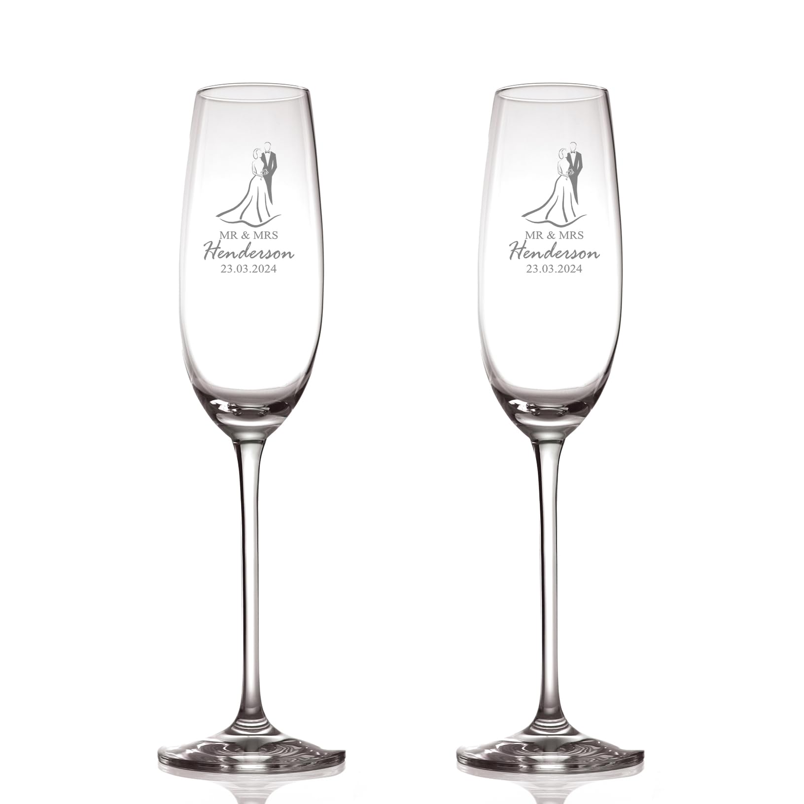 Personalised Engraved Wedding Champagne Glasses Set With Engraved Couple