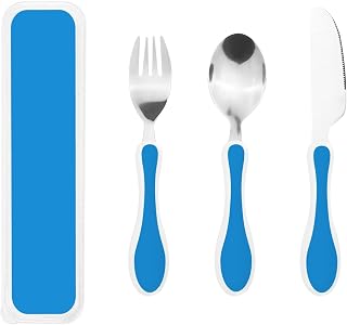 Juego de 3 cuchillos, tenedores y cucharas para carne de vajilla occidental de color azul sólido: diseño de acero inoxidable 304 y plástico PP para niños