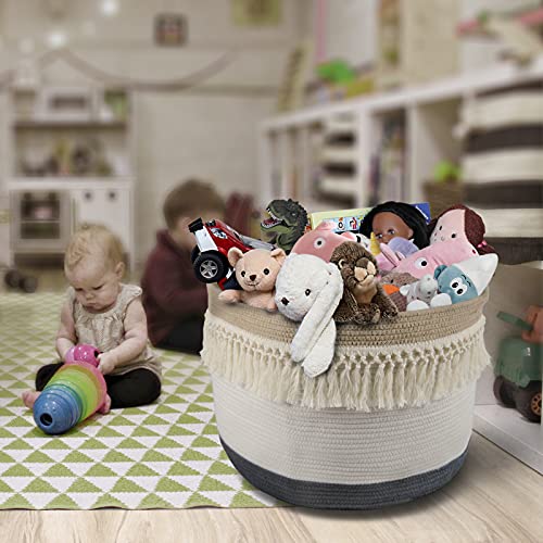 AELS XXXLarge 22"x22"x15" Rope Boho Basket Woven Laundry Basket for Blankets Storage Basket with Handle Comforter Cushions Storage Bins Thread Laundry Hamper-Brown White Gray 93 Liters - Thumbnail 6