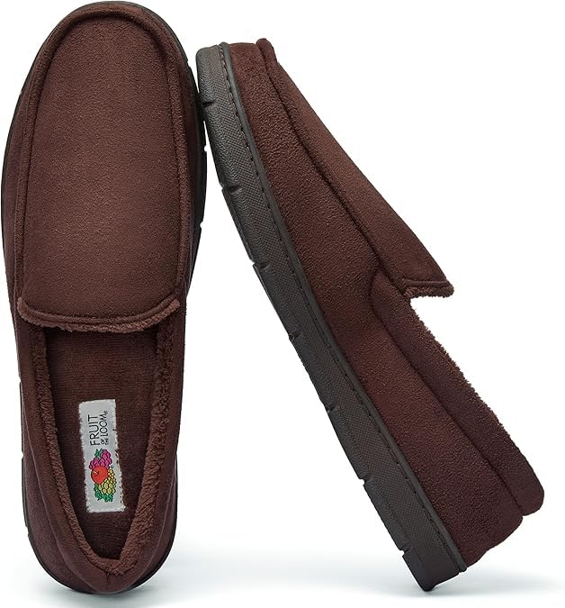 Fruit of the Loom Men’s Moccasin Slippers – Memory Foam Indoor Outdoor House Shoes, Cozy Fuzzy Footwear for Men, Dad, Husband, Christmas Gift, Non-Slip Suede Design, Brown, Large - image 1