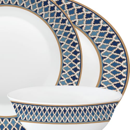 Image of Larah by Borosil Opalware Dinner Set Microwave & Dishwasher Safe | Bone-Ash Free | Crockery Set for Dining & Gifting | Plates & Bowls (Sapphire Crest, 60pc)