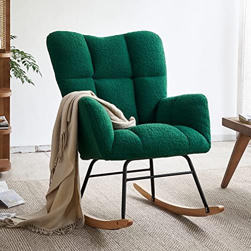Ljirnt Nursery Rocking Chair, Teddy Fabric Upholstered Glider Rocker with High Backrest, Modern Rocking Accent Chairs Comfy Side Chair for Nursery, Bedroom, Living Room (Green)