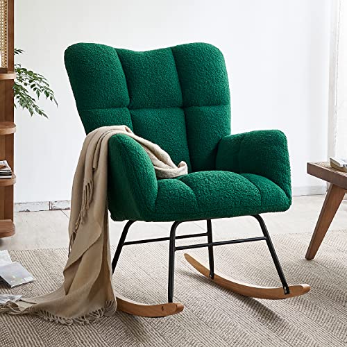 Image of Ljirnt Nursery Rocking Chair, Teddy Fabric Upholstered Glider Rocker with High Backrest, Modern Rocking Accent Chairs Comfy Side Chair for Nursery, Bedroom, Living Room (Green)