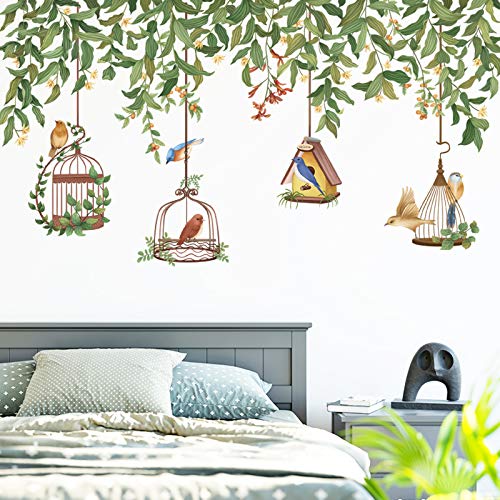 Flower Vine Tree Branch Wall Decals With Birdcage, Colorful Birds Green Plants Wall Stickers, Flowers Flying Bird Diy Art Murals For Bedroom Living Room Kids Rooms Nursery Wall Décor #TOP3