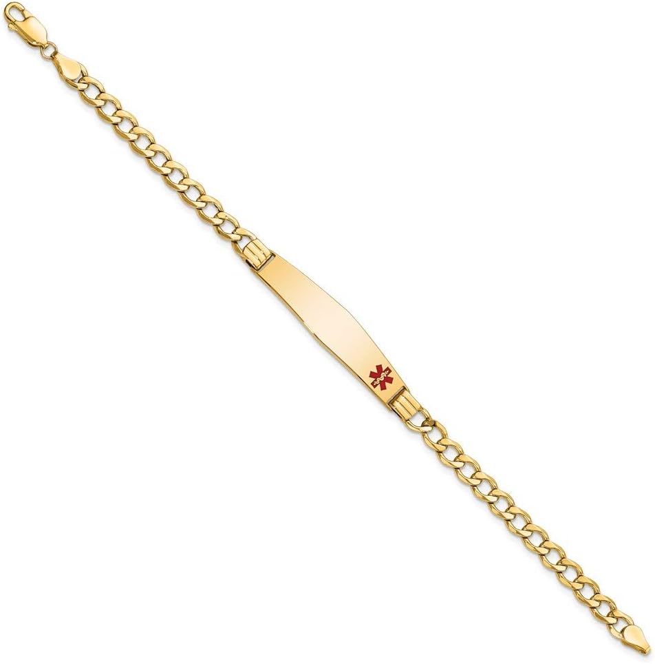 Engravable Personalized Custom 14K Yellow Gold Solid Medical Soft Diamond Shape Red Enamel Cuban ID Bracelet For Men or Women Length 7 inches Width 9 mm With Lobster Claw Clasp