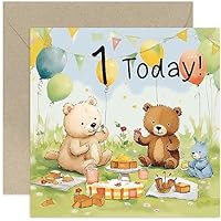Old English Co. 1st Birthday Card for Boy or Girl - Cute Illustrated Bear Picnic 1st Birthday Card - Boy Birthday Card - Girl Birthday Card - Cute Age One Birthday Card | Blank Inside Envelope
