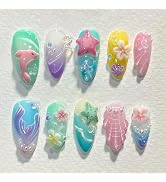 30Pcs Beach Press on Nails Medium Almond Fake Nails 3D Dolphin False Nails with Colorful Flower S...