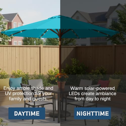 Image of 9' Solar LED Patio Umbrella with Tilt & Crank|8 Sturdy Ribs,UV Protection,Outdoor Market Table Umbrella for Deck,Lawn,Pool,Backyard(Light Blue)