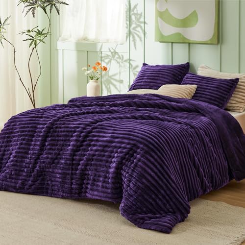 Image of Bedsure King Fluffy Comforter Set - GentleSoft 3 Pieces Luxury Fleece Purple Bedding, Cozy Room Decor Aesthetic, 1 King Bed Comforter (104 inchx90 inch) and 2 Pillowcases (20 inchx36 inch)
