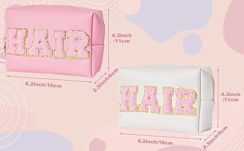 Burskit Preppy Patch Hair & Hair Travel Bag Portable Makeup Bags Bulk Pu Leather Cosmetic Waterproof Organizer Zipper Pouch Storage Purse For Women Girls Gift (Pink & Shell Gold) #TOP1