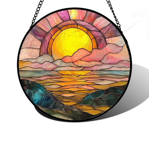 Sunrise Over The Sea Stained Glass Window Hanging Suncatcher Gifts 7.8"