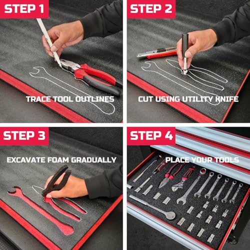 ONREVA Tool Box Foam 22x20x1 inch 3Pack, Foam Inserts for Cases, Polyethylene Storage Sheets for Toolbox Hard Case, Tool Shadow Insert, Kaizen Organizer Sheet, Black with Red