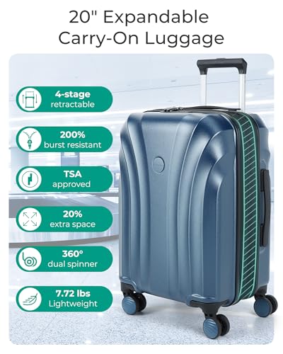 BAGSMART Carry On Luggage 22x14x9 Airline Approved with TSA Lock, Expandable Hard Shell Suitcase with Spinner Wheels, Lightweight 20 Inch Travel Rolling Carry-On Luggage, Light Blue2